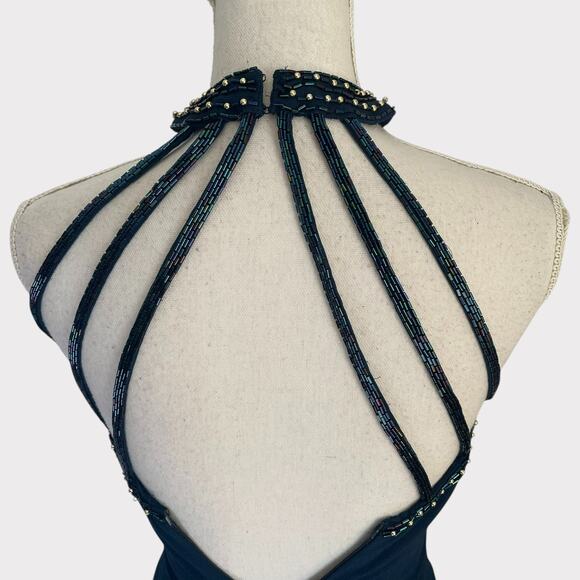 Alyce Designs Beaded Gown Long Teal Strappy Back Zip Closure Size 2 Side Slit - Picture 6 of 9